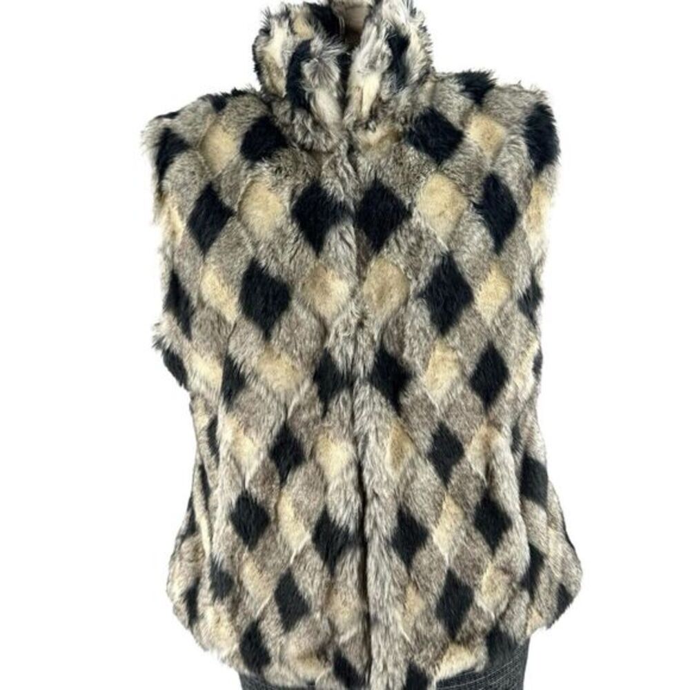 Pamela McCoy Vest Faux Fur Checkered Beige Black Gray Boho Pockets Woman's M